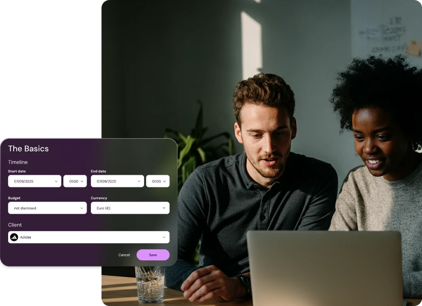 Campaign basics setup in Shikenso Campaign showing timeline, budget, and client details alongside a team reviewing the campaign on a laptop