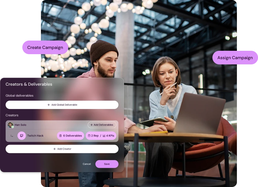 Creators and deliverables management screen in Shikenso Campaign for assigning creators and tracking campaign deliverables
