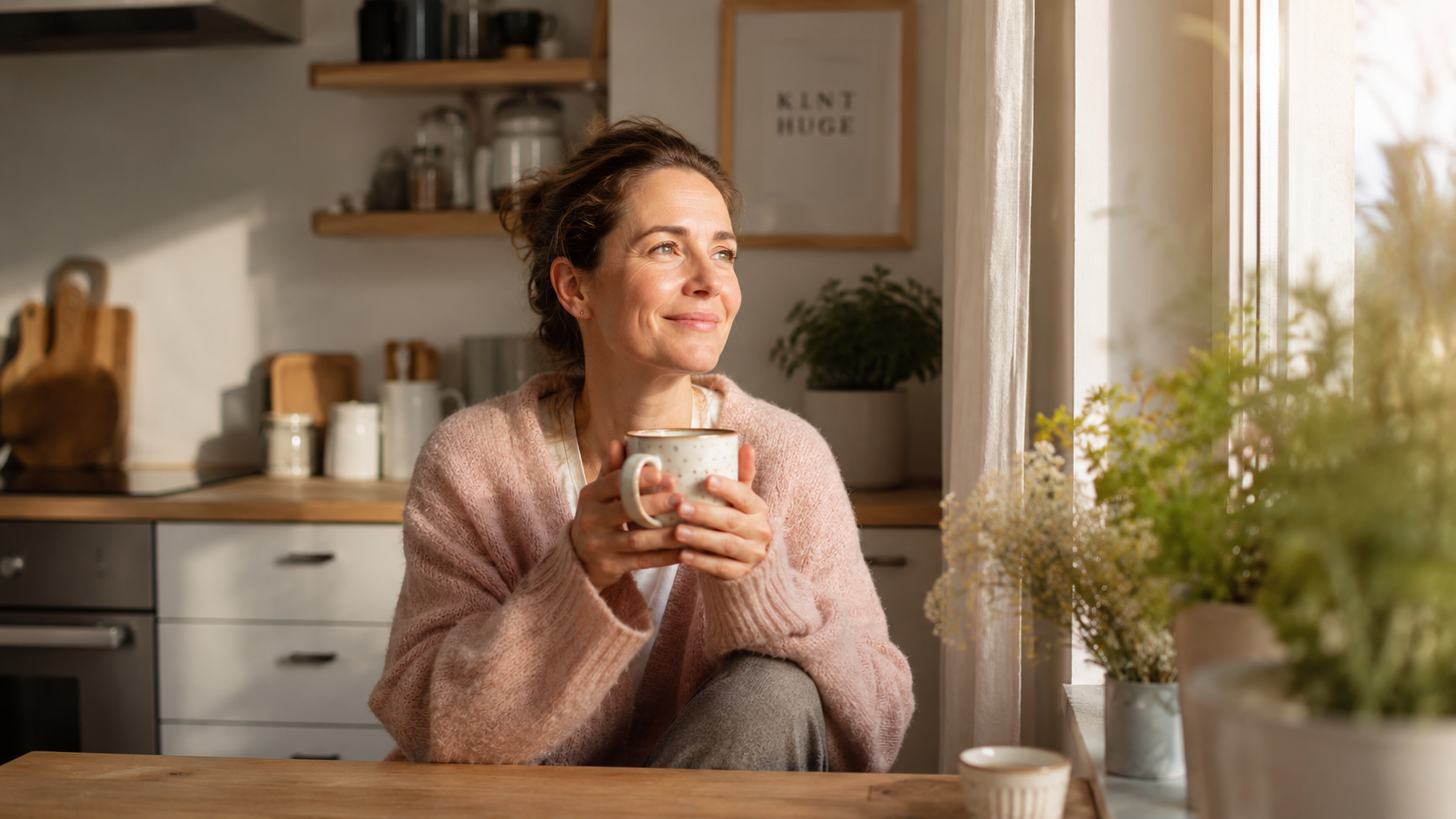 A woman looking ou of the indow drinking tea