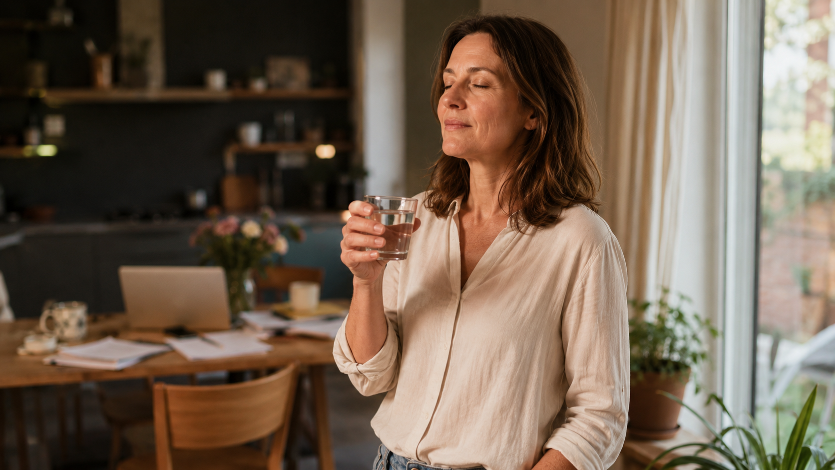 Eine entspannt aussehende Frau, die ein Glas wasser trinkt