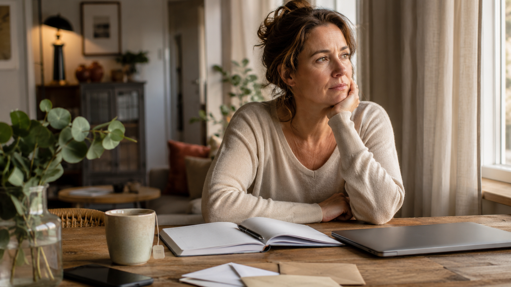 A woman looking worried while sitting nfront of a laptop