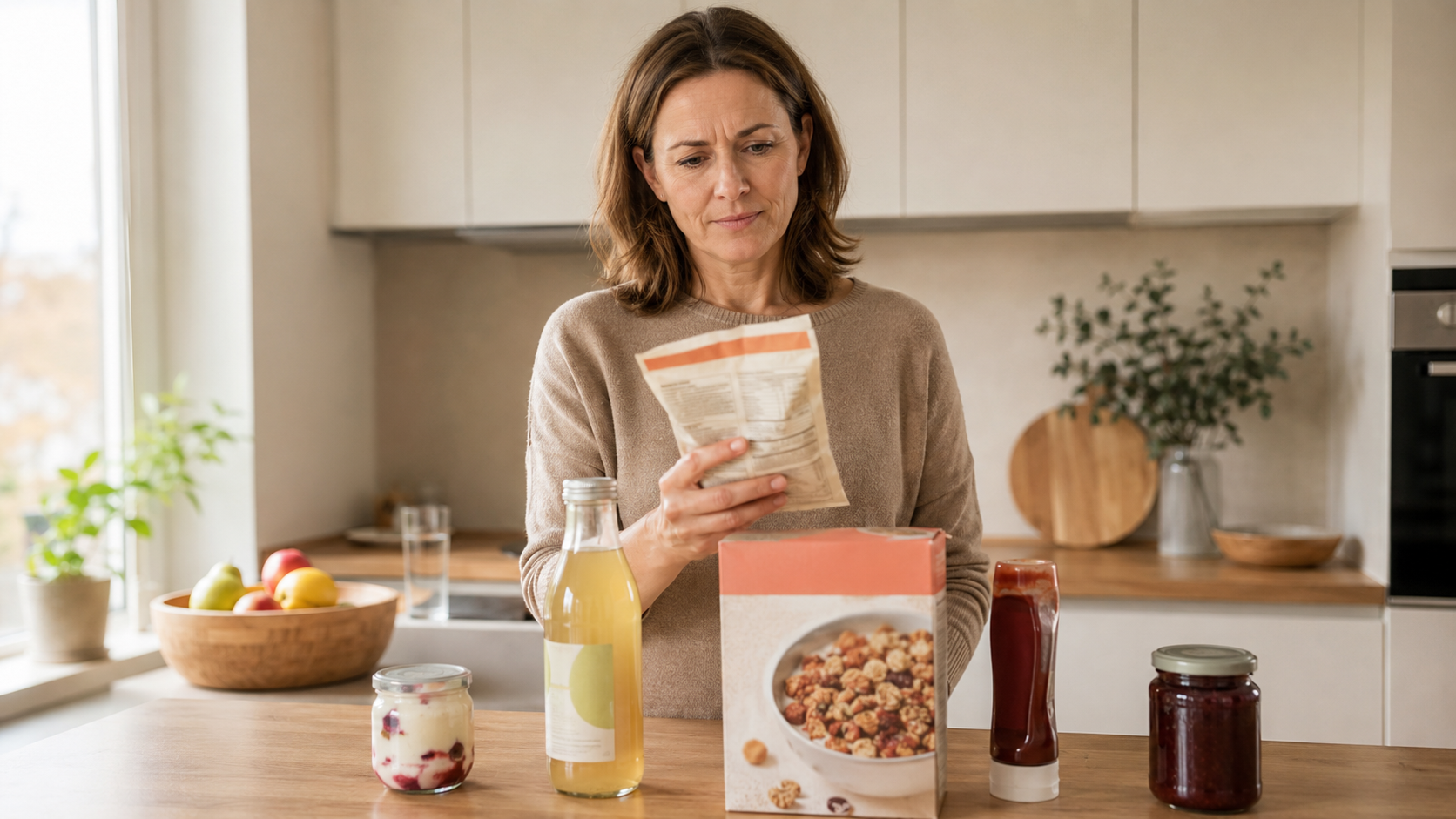 A woman reading labels of a cereal box