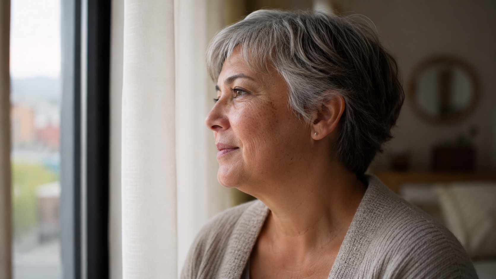 A older woman with grey hair looking out of the window