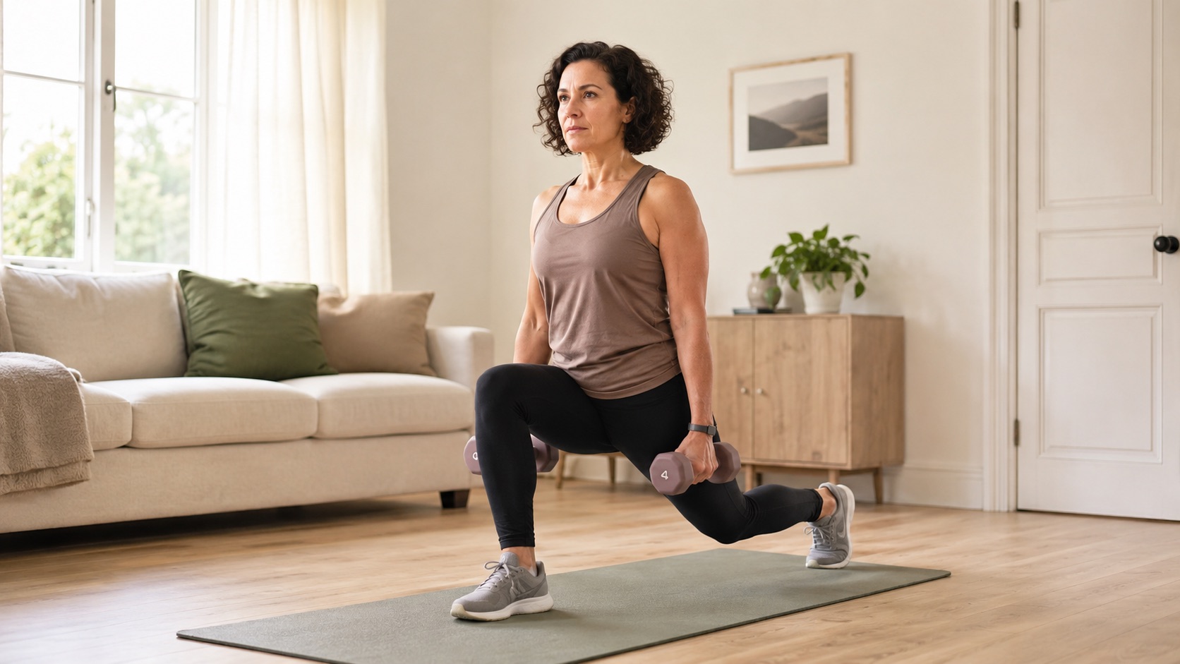 A woman training at home with dumbells