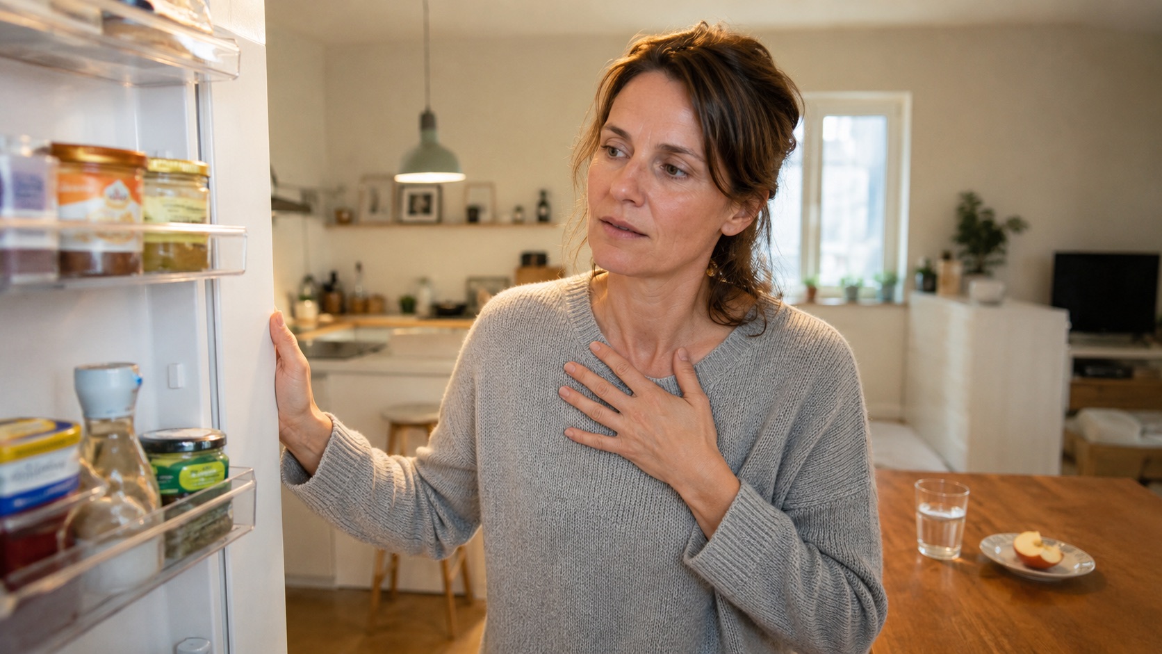 A woman looking into a fridge searching for a snack