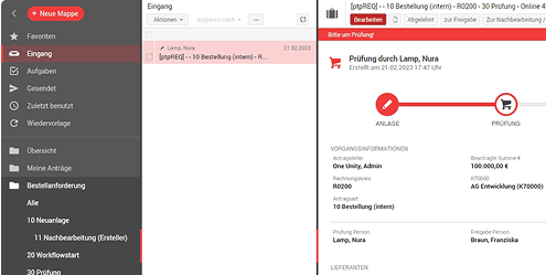 Software interface showing a navigation menu on the left, a list of internal orders in the center, and detailed information about an order with approval status on the right.