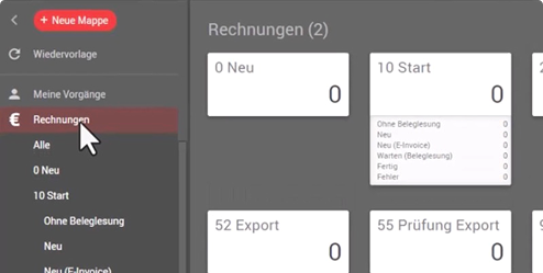 Benutzeroberfläche mit hervorgehobenem Menüpunkt 'Rechnungen' und verschiedenen Rechnungsstatus-Karten wie 'Neu', 'Start', 'Export' und 'Prüfung Export' mit Zahlenwerten.