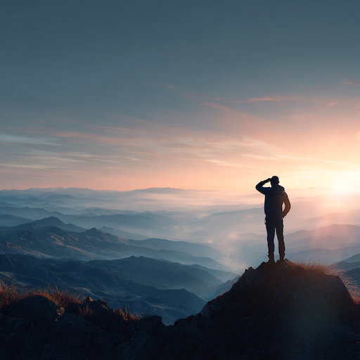Eine Person steht auf einem Gipfel und blickt bei Sonnenaufgang über nebelverhangene, weitläufige Bergketten.