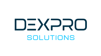 DEXPRO SOLUTIONS Schriftzug in blau auf schwarzem Hintergrund.