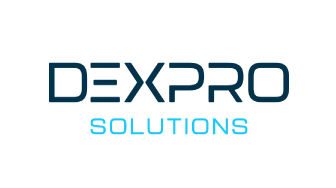 DEXPRO SOLUTIONS Schriftzug in blau auf schwarzem Hintergrund.