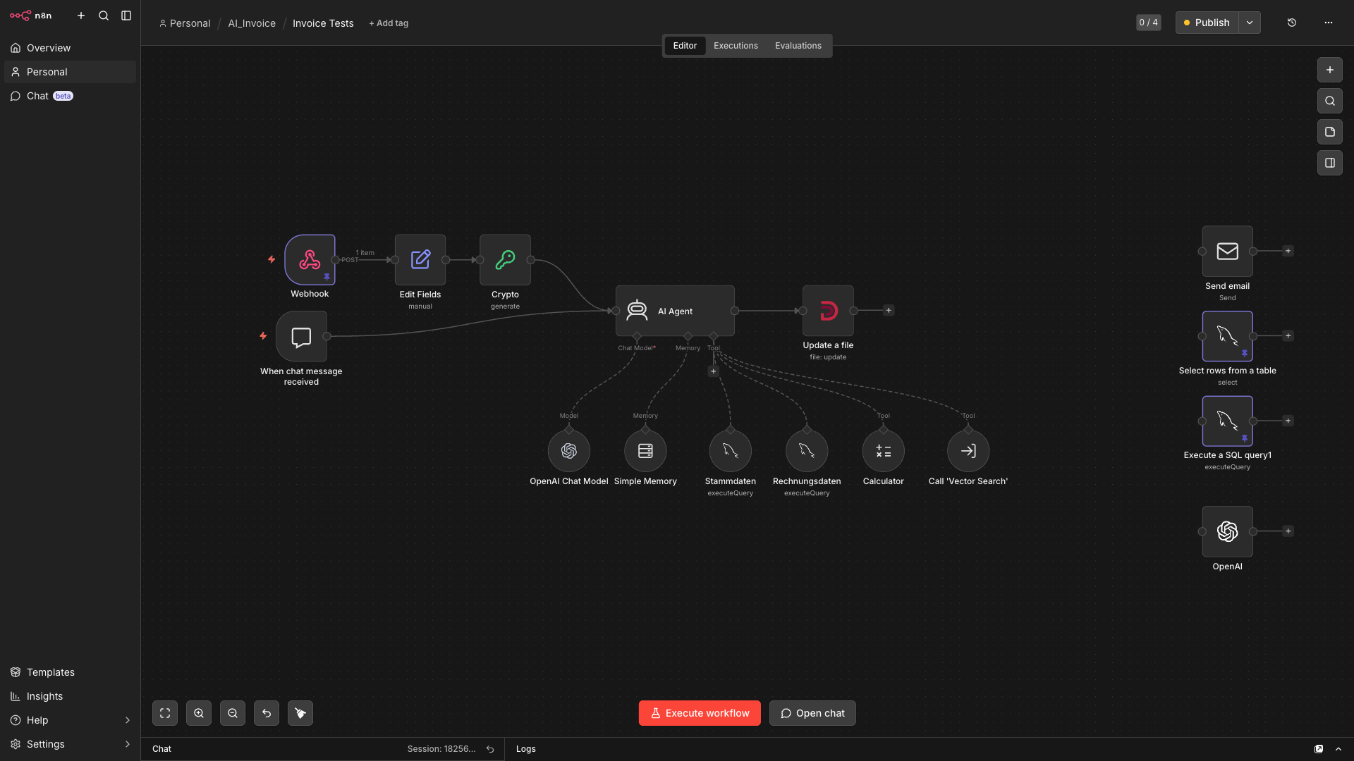 Workflow diagram in n8n editor showing nodes Webhook, Edit Fields, Crypto, AI Agent connected with tools like OpenAI Chat Model, Simple Memory, Stammdaten, Rechnungsdaten, Calculator, and file update and email sending steps.