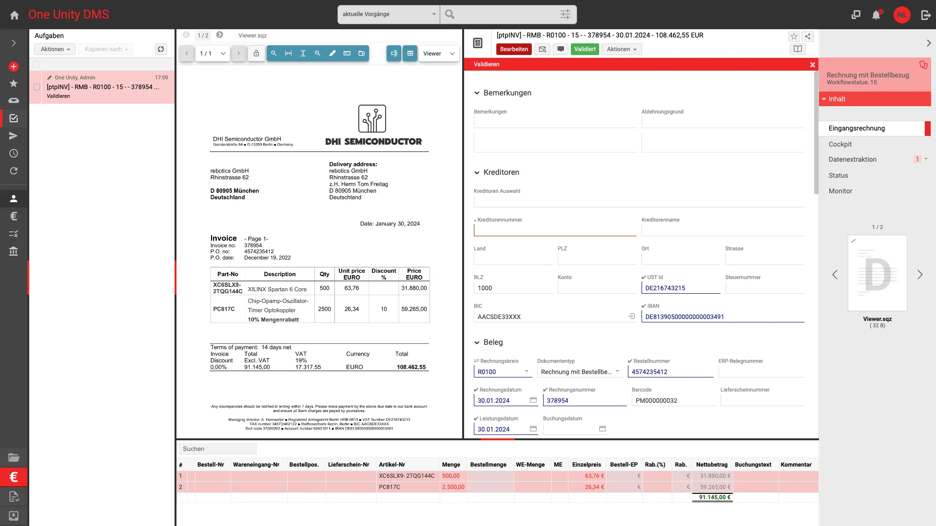 Benutzeroberfläche von One Unity DMS zeigt eine eingescannte Rechnung mit Details zu Artikelnummern, Mengen, Preisen, Zahlungskonditionen und Kreditoreninformationen.