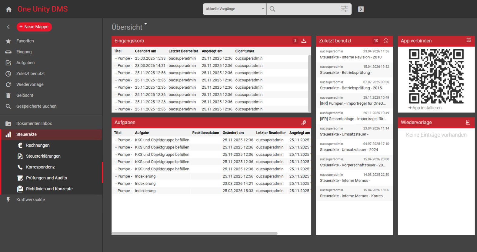 Dashboard der One Unity DMS Software mit Eingangsordner, Aufgabenliste, zuletzt benutzten Dokumenten und QR-Code zum App-Download.