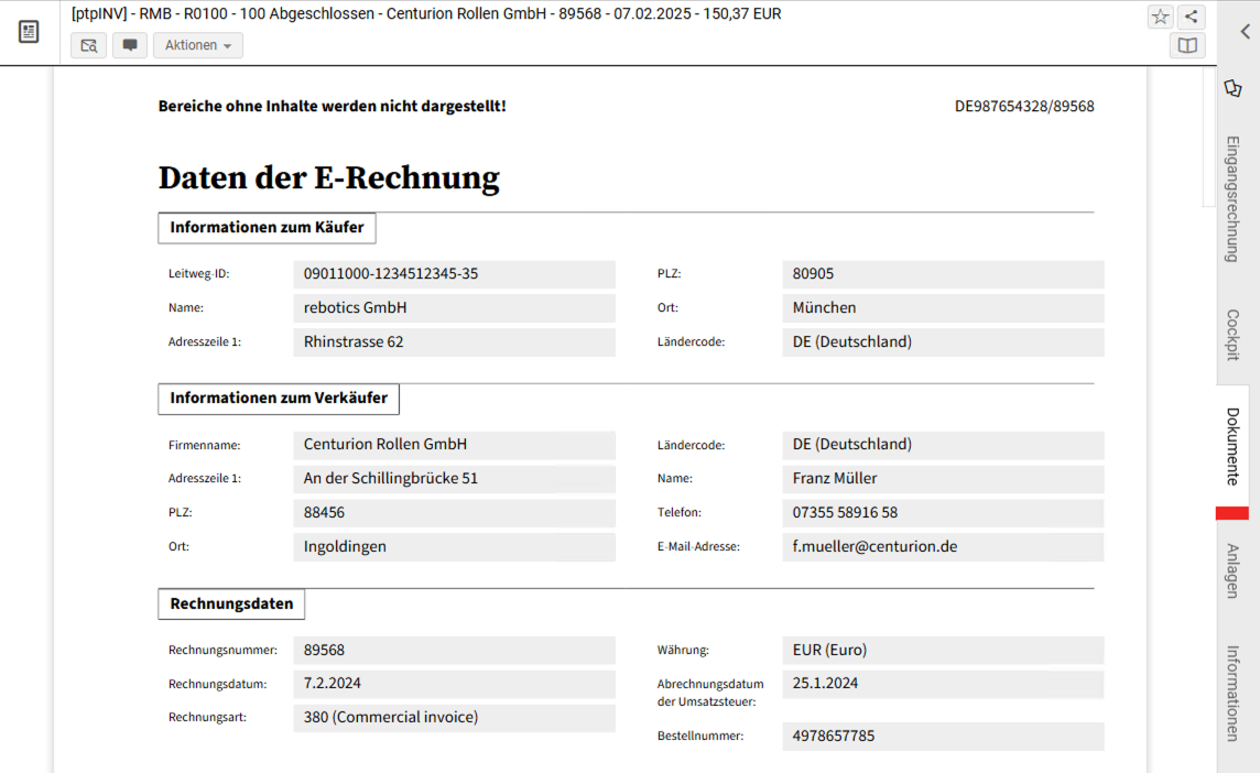 Digitale Rechnung mit Käuferdaten von rebotics GmbH in München und Verkäuferdaten von Centurion Rollen GmbH in Ingoldingen, inklusive Rechnungsnummer, Datum, Währung und Bestellnummer.