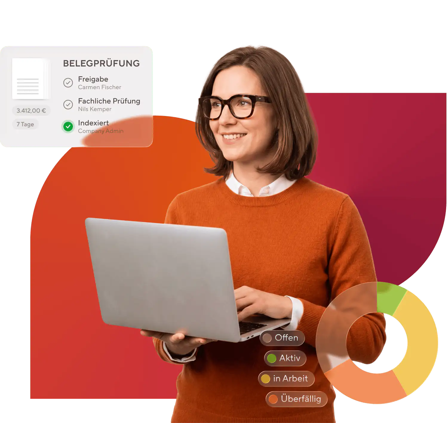 Frau mit Brille und orangem Pullover hält einen Laptop, daneben Grafiken zur Belegprüfung und einem farbigen Kreisdiagramm mit Statusanzeigen.