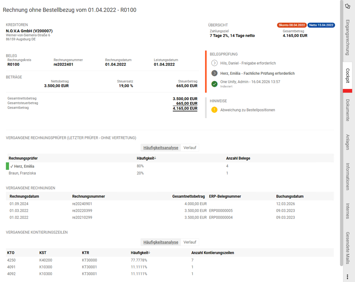 Übersicht einer Rechnung ohne Bestellbezug vom 01.04.2022 mit Beträgen, Zahlungszielen, Prüfstatus und Analyse vergangener Rechnungen und Kontierungszeilen.
