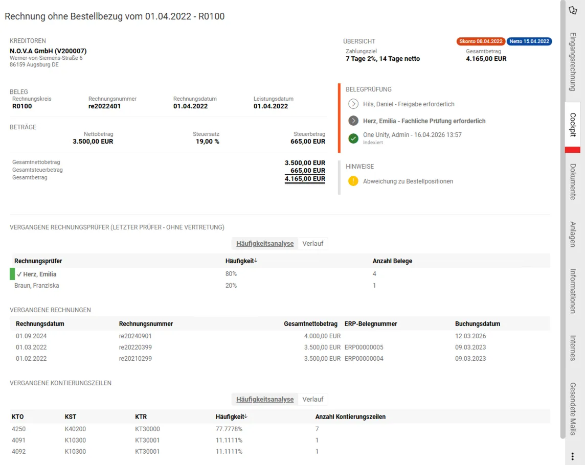 Übersicht einer Rechnung ohne Bestellbezug vom 01.04.2022 mit Beträgen, Zahlungszielen, Prüfstatus und Analyse vergangener Rechnungen und Kontierungszeilen.