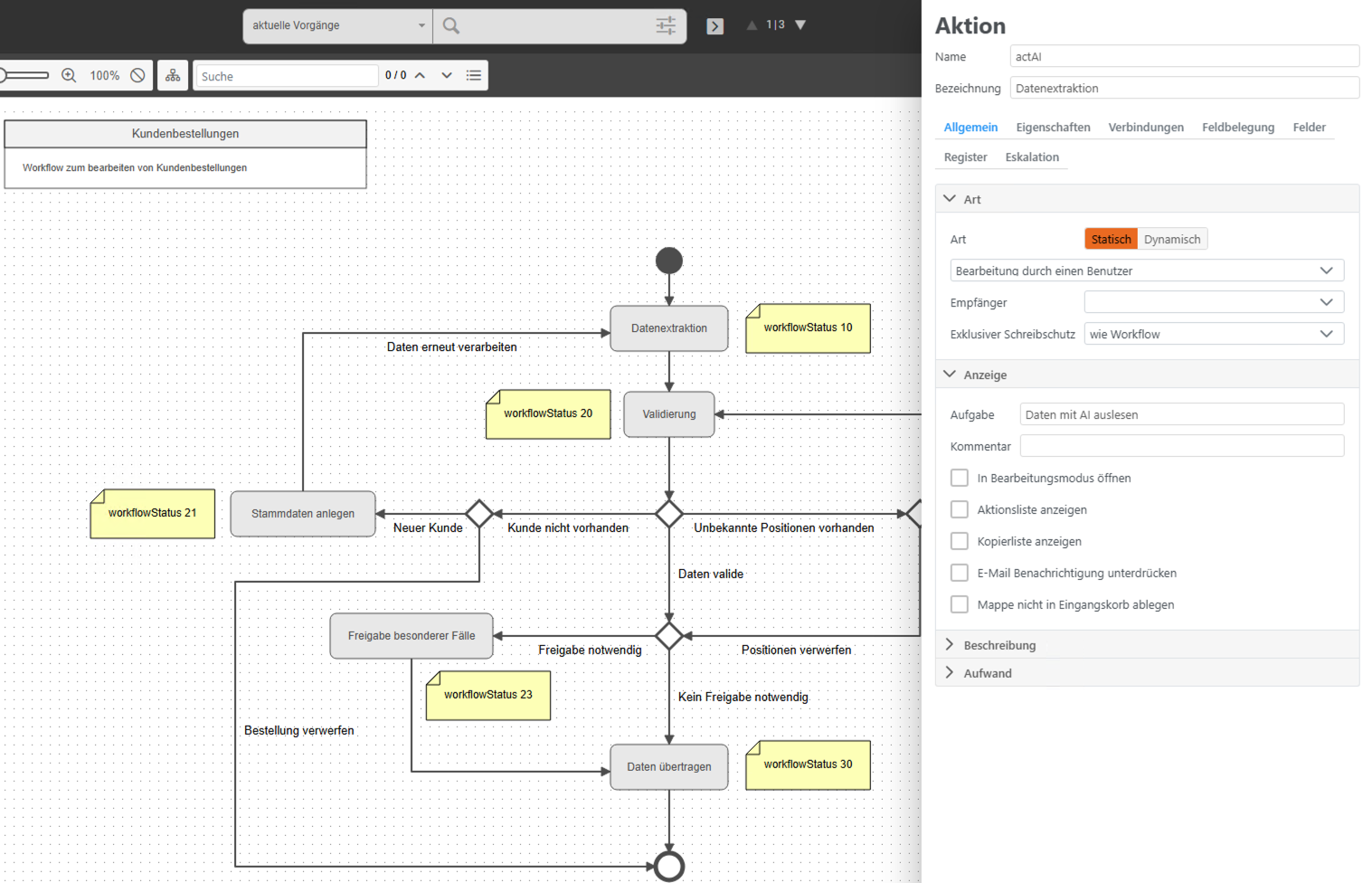 Workflow-Diagramm zur Bearbeitung von Kundenbestellungen mit Aktionen wie Datenextraktion, Validierung, Stammdaten anlegen und Daten übertragen in einem Software-Interface.