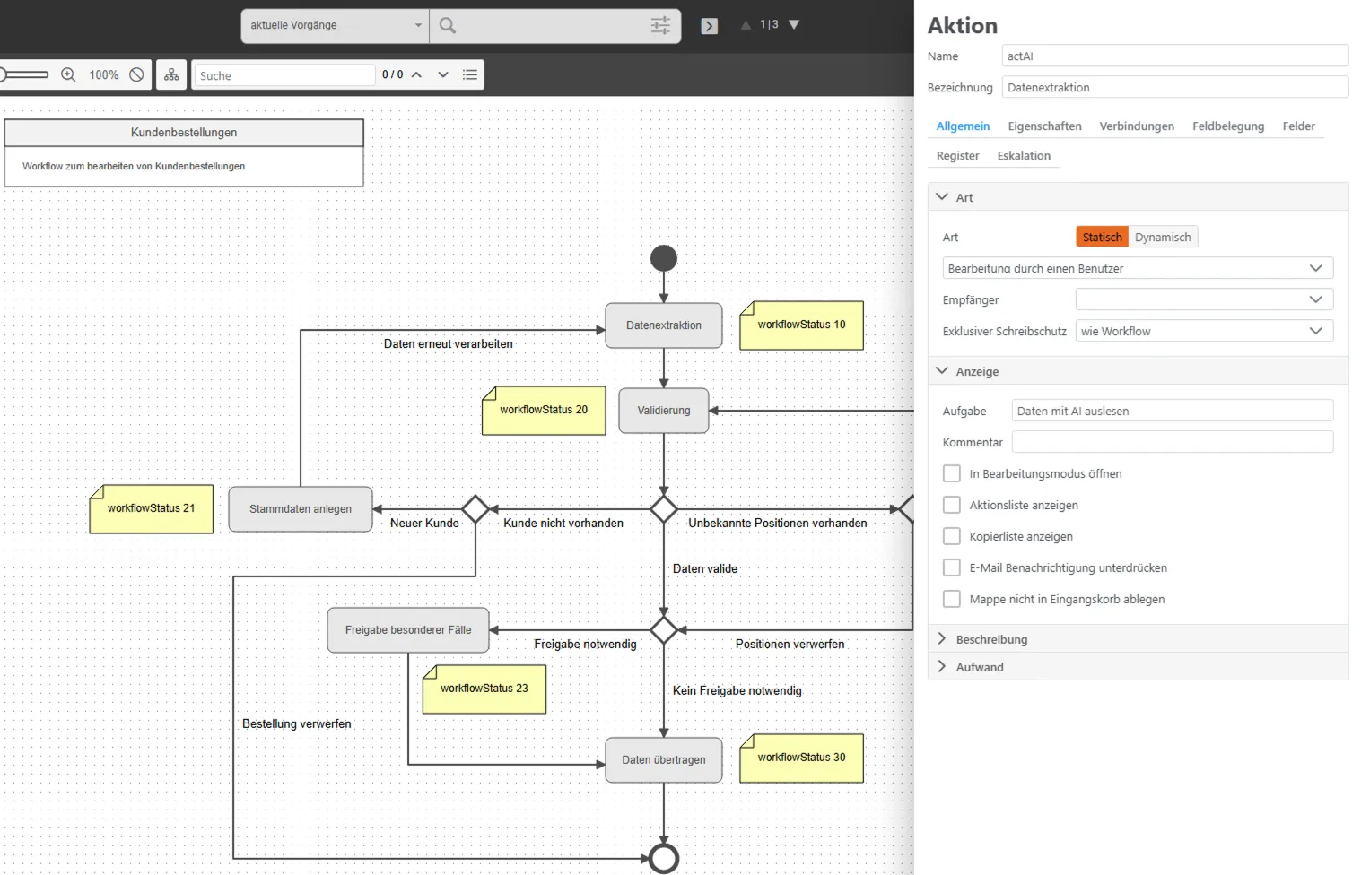 Workflow-Diagramm zur Bearbeitung von Kundenbestellungen mit Aktionen wie Datenextraktion, Validierung, Stammdaten anlegen und Daten übertragen in einem Software-Interface.