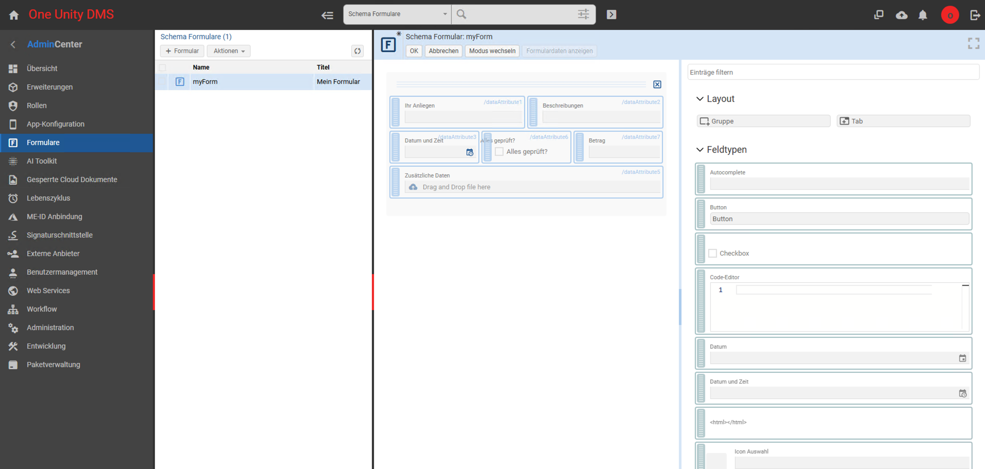 Benutzeroberfläche eines Formular-Editors mit Seitenleiste zur Formularauswahl, einem Formular-Layout-Editor und Feldtyp-Auswahl in der One Unity DMS Software.