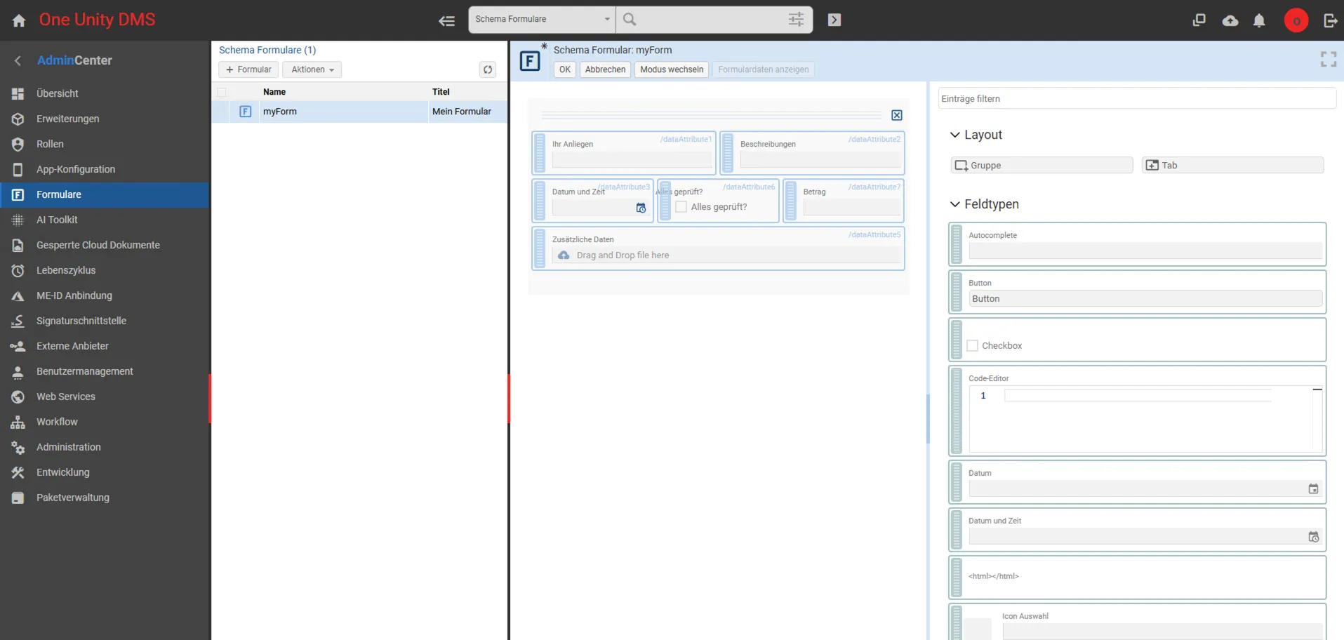 Benutzeroberfläche eines Formular-Editors mit Seitenleiste zur Formularauswahl, einem Formular-Layout-Editor und Feldtyp-Auswahl in der One Unity DMS Software.