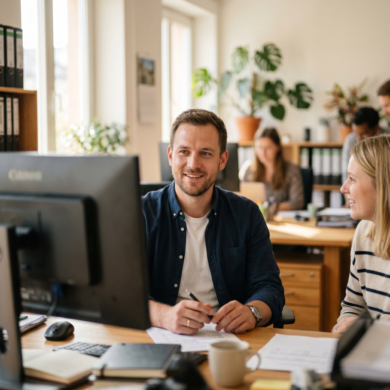 Zwei lächelnde Kollegen sitzen an einem Schreibtisch in einem hellen Büro und arbeiten gemeinsam am Computer.