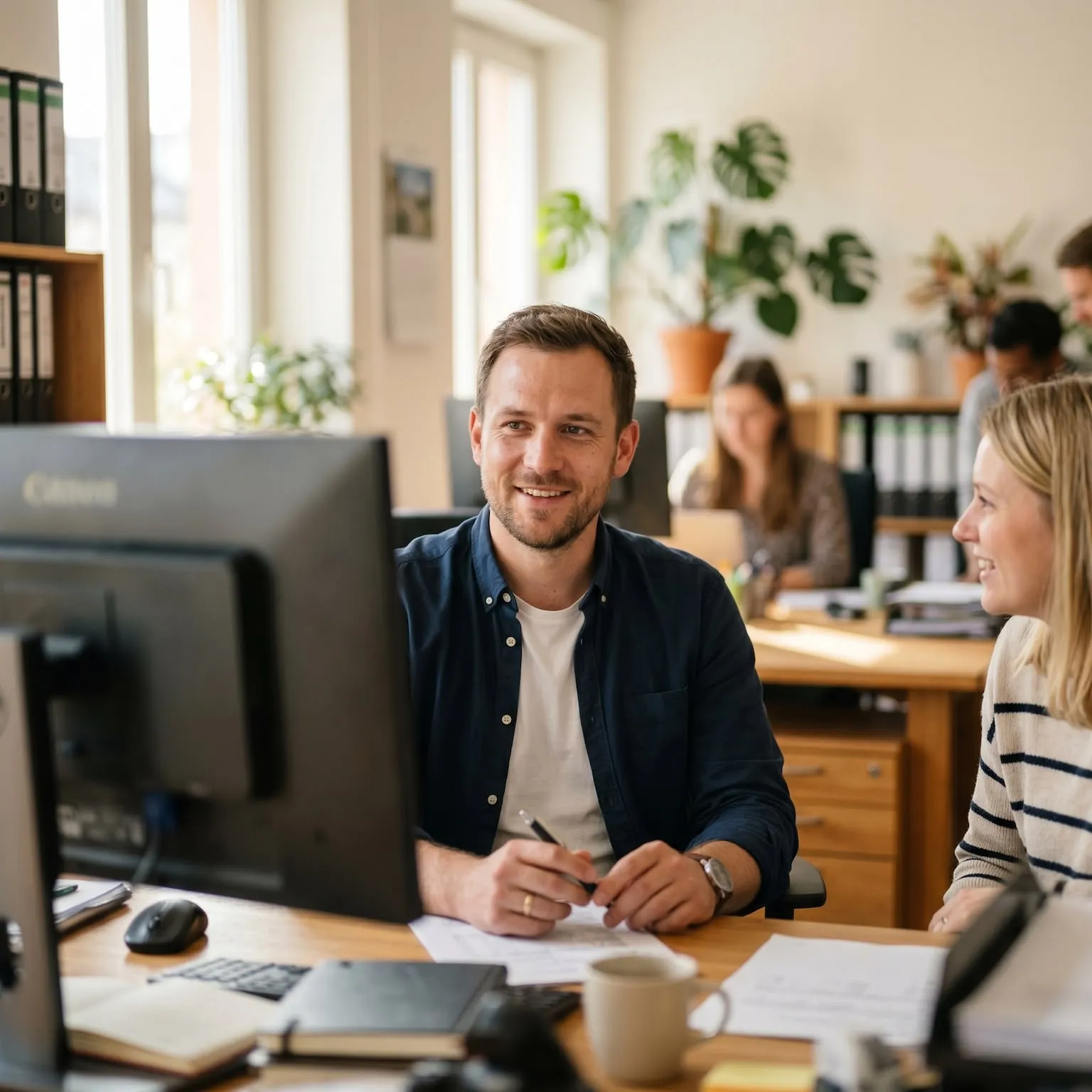 Zwei lächelnde Kollegen sitzen an einem Schreibtisch in einem hellen Büro und arbeiten gemeinsam am Computer.