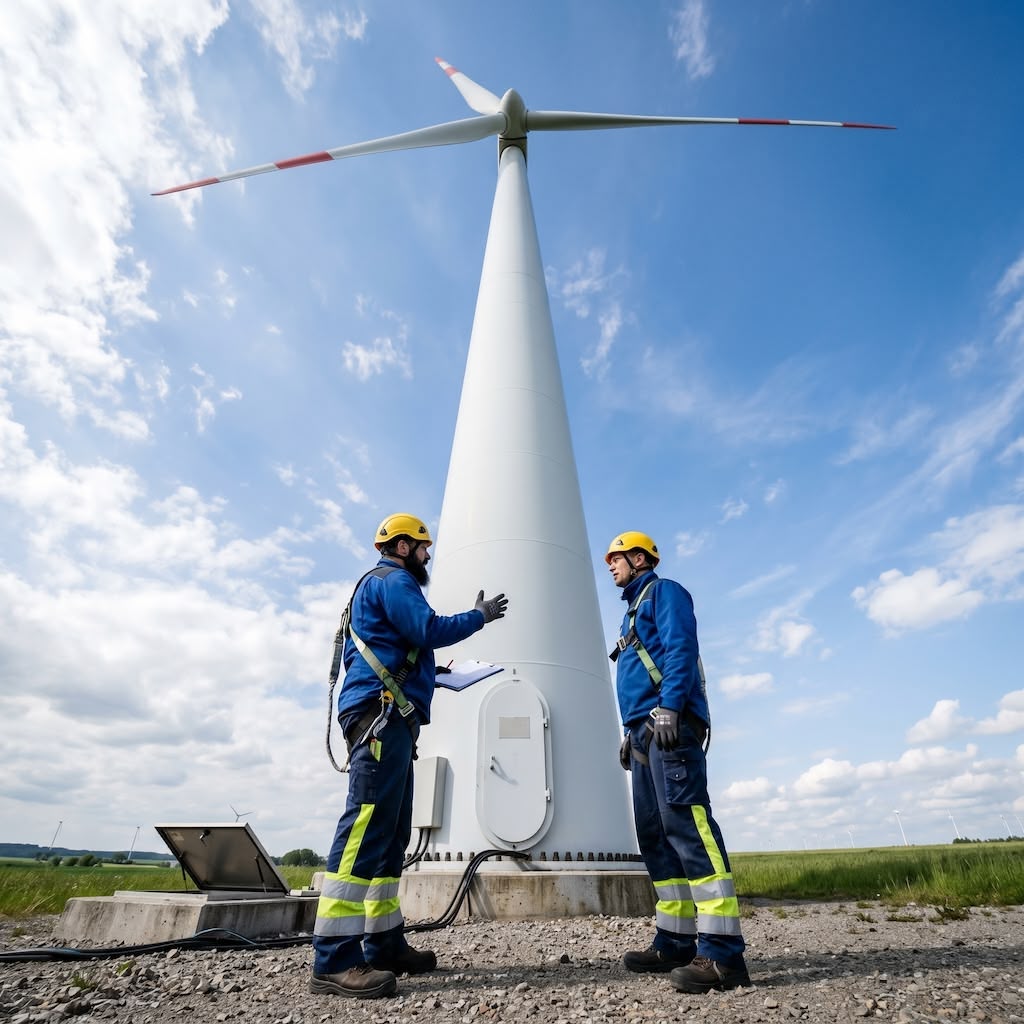 Zwei Techniker in Schutzhelmen und blauer Arbeitskleidung besprechen sich vor einer großen Windkraftanlage.