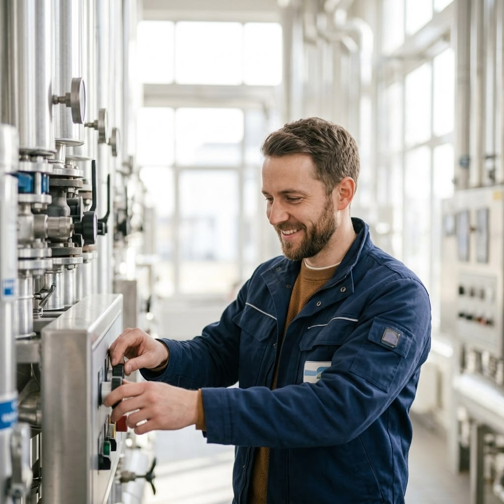Mann in blauer Arbeitsjacke bedient Bedienelemente an industriellem Steuerungspanel in einer hellen Fabrikumgebung.