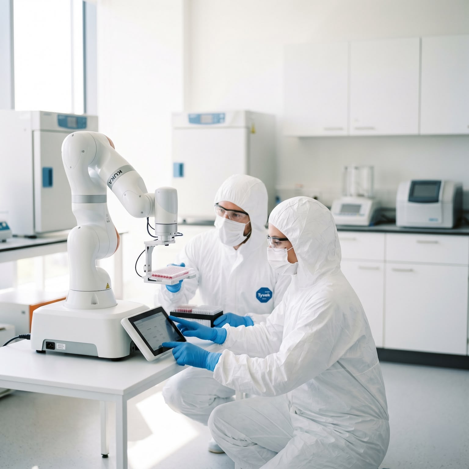 Zwei Wissenschaftler in Schutzanzügen bedienen einen Roboterarm in einem modernen Labor.