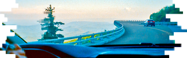 Stylized view of road from inside car windshield