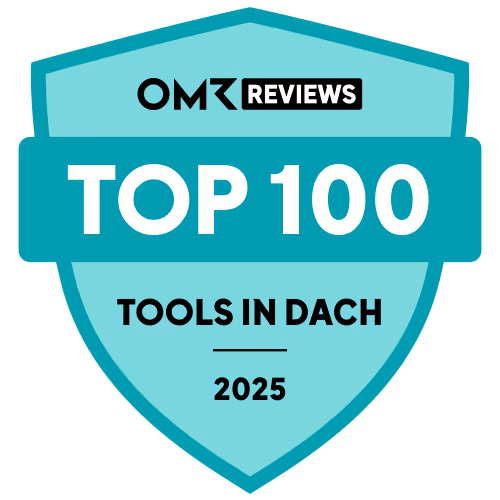 OMR Reviews Auszeichnungsschild Top 100 Werkzeuge in DACH 2025.