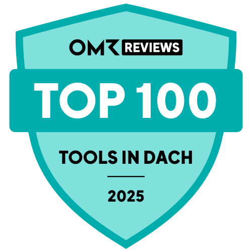 OMR Reviews Auszeichnungsschild Top 100 Werkzeuge in DACH 2025.