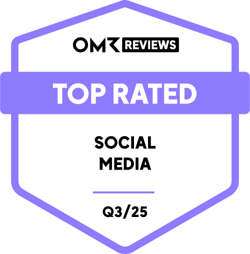 OMR Reviews Abzeichen mit der Aufschrift Top Rated Social Media Q3/25.