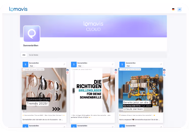 Screenshot einer Lomavis Cloud-Dashboard-Seite mit Beiträgen über Sonnenbrillen-Trends, passende Brillengläser und Urlaubsvorbereitungen mit Sonnenbrillen.