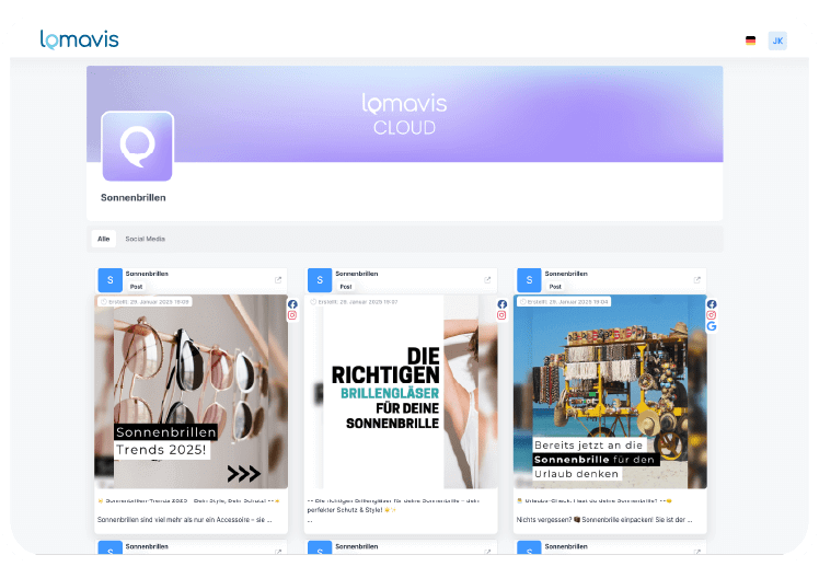Screenshot einer Lomavis Cloud-Dashboard-Seite mit Beiträgen über Sonnenbrillen-Trends, passende Brillengläser und Urlaubsvorbereitungen mit Sonnenbrillen.