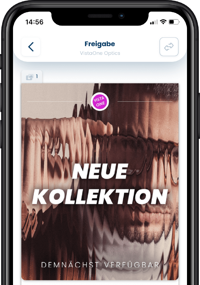 Smartphone-Bildschirm zeigt eine Anzeige mit verzerrtem Gesicht, Text 'NEUE KOLLEKTION' und Hinweis 'DEMNÄCHST VERFÜGBAR'.