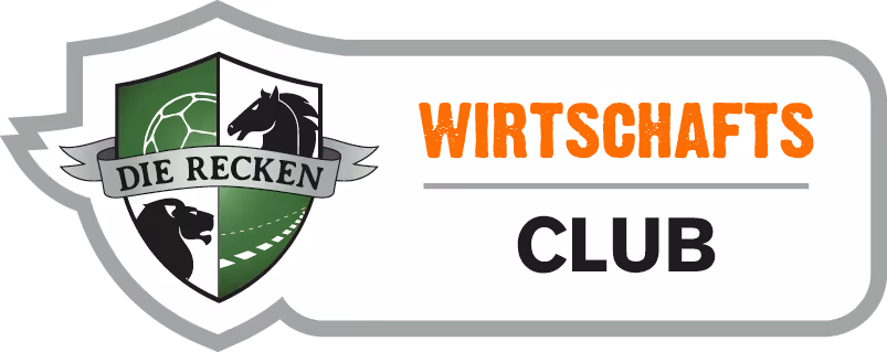 Logo mit Schild, das einen Fußball, einen Pferdekopf und einen Bärenkopf zeigt, mit Schriftzug Die Recken; daneben steht Wirtschafts Club in Orange und Schwarz.