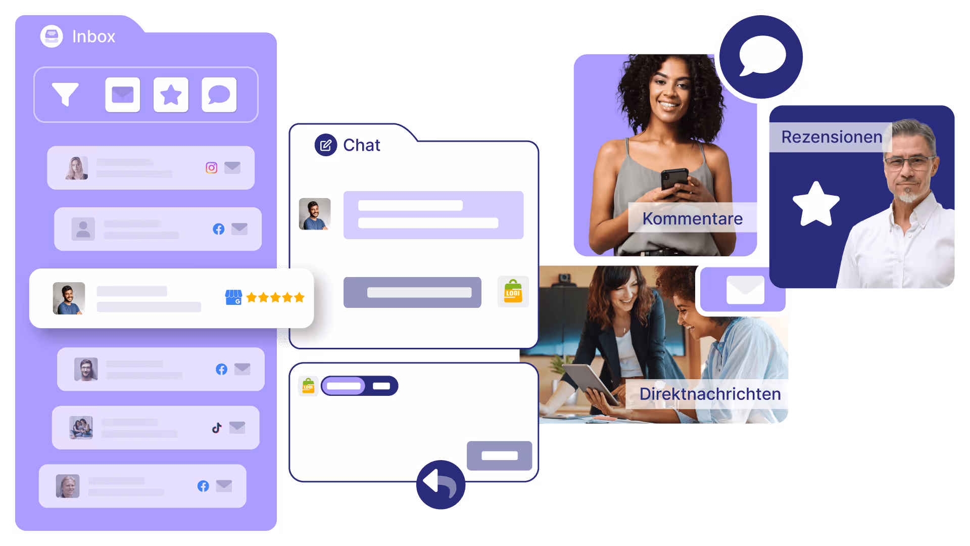 Digitales Multichannel-Postfach mit Inbox, Chat, Kommentaren, Rezensionen und Direktnachrichten, dargestellt mit Profilbildern und Symbolen.
