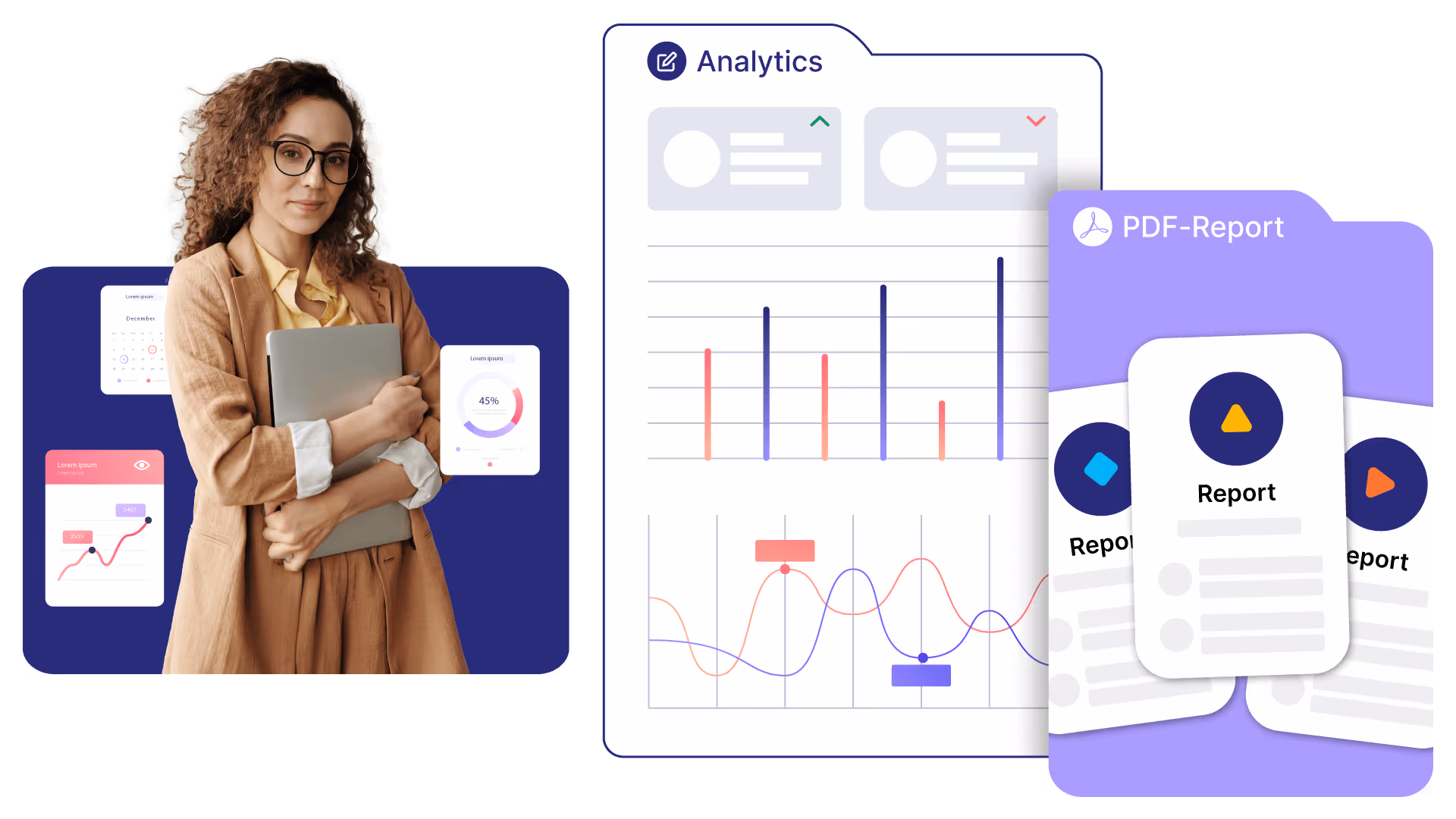 Frau mit Brille in braunem Anzug hält einen Laptop, umgeben von digitalen Analyse- und Berichtsgrafiken.