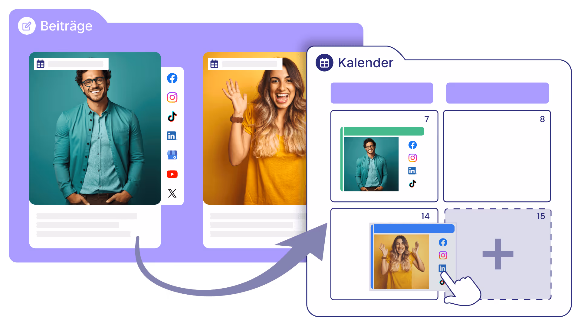 Dashboard zeigt geplante Social-Media-Beiträge mit Fotos von Mann und Frau, inklusive Icons der Plattformen Facebook, Instagram, LinkedIn, TikTok und einem Kalender zur Terminplanung.