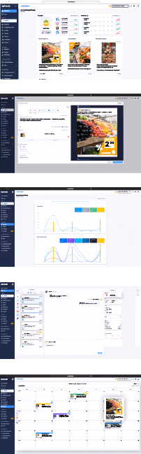 Bildschirmfotos von Lomavis-Webseiten: Startseite mit Produktanzeigen, zweite Seite mit Anzeige eines Obst- und Gemüseangebots, dritte Seite mit grafischen Nutzungsanalysen, vierte Seite mit Nachrichten-Chat und fünfte Seite mit Kalenderansicht zur Anzeigeplanung.