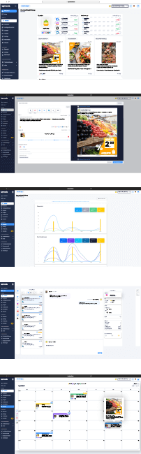 Bildschirmfotos von Lomavis-Webseiten: Startseite mit Produktanzeigen, zweite Seite mit Anzeige eines Obst- und Gemüseangebots, dritte Seite mit grafischen Nutzungsanalysen, vierte Seite mit Nachrichten-Chat und fünfte Seite mit Kalenderansicht zur Anzeigeplanung.