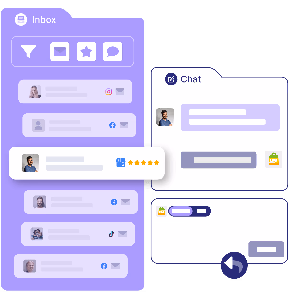 Benutzeroberfläche mit einem lila Posteingangsfeld links mit Nachrichten aus verschiedenen sozialen Medien und einem Chat-Fenster rechts.