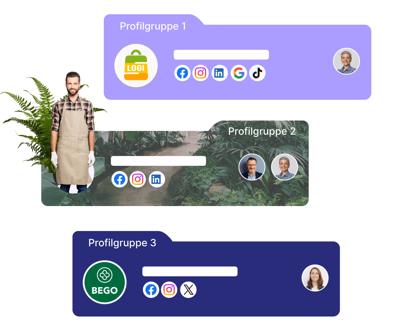Drei Profilgruppen mit unterschiedlichen Hintergründen, Logos und sozialen Medienicons, begleitet von Profilbildern und einem Mann mit Schürze vor einer Pflanze.