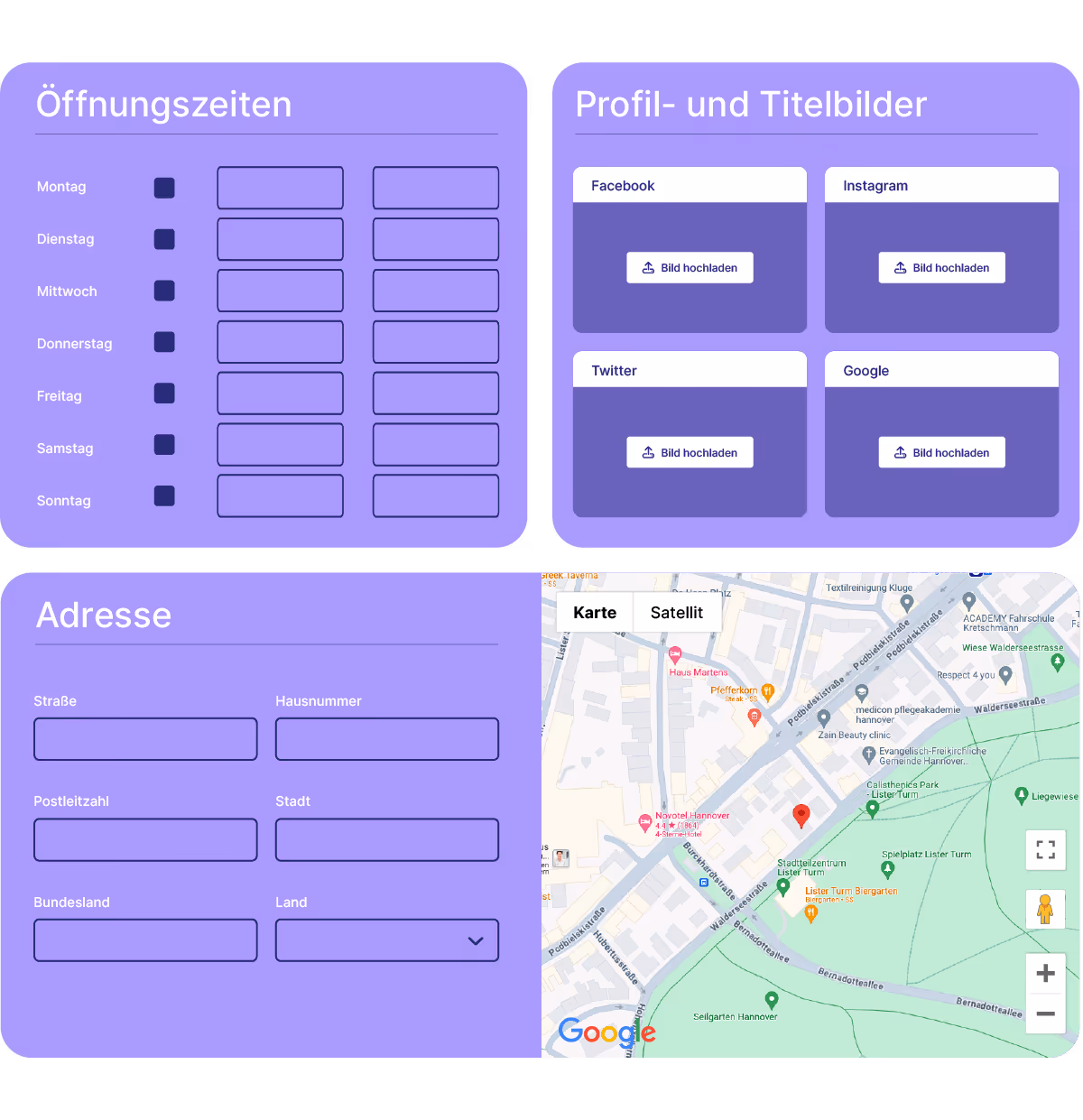 Benutzeroberfläche mit Formularfeldern für Öffnungszeiten, Profil- und Titelbilder zum Hochladen sowie Adresseingabe und Google-Kartenansicht.