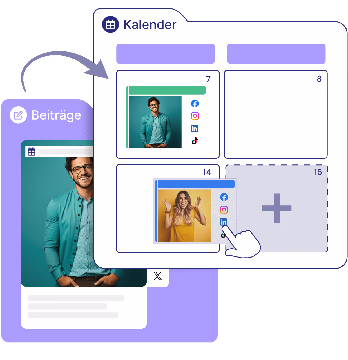 Kalender-Schnittstelle mit geplanten Social-Media-Beiträgen an den Tagen 7 und 14, zeigt Profilbilder eines Mannes und einer Frau sowie Symbole für Facebook, Instagram, LinkedIn und TikTok.