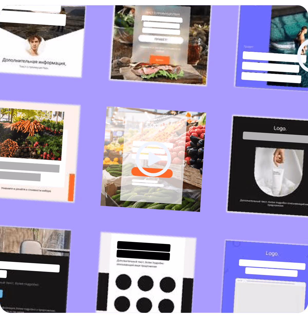 Collage aus neun verschiedenen Bildschirmansichten von Webformularen und Videos auf farbigem Hintergrund.