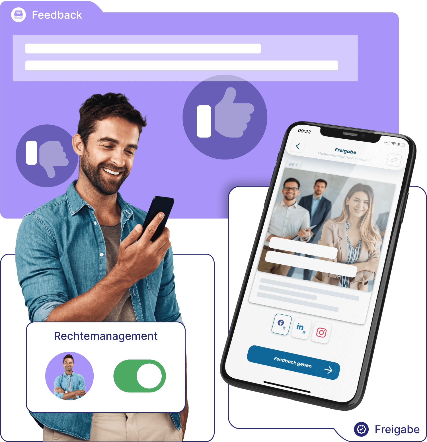 Zusammenarbeit mit Lomavis. Einfache Freigabeprozesse und intuitives Rollen- und Rechtemanagement.