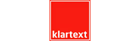 Klartext logo with white text on a red square background.